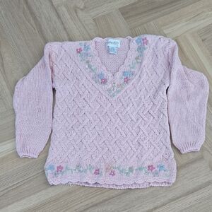 Carolyn Taylor Pink V-Neck Sweater with Floral Details Medium
